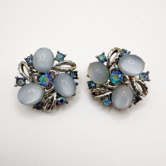 Lisner Jewelry Jewelry - Vintage Lisner Blue Lucite Cabochon & Aurora Borealis Rhinestone Clip Earrings